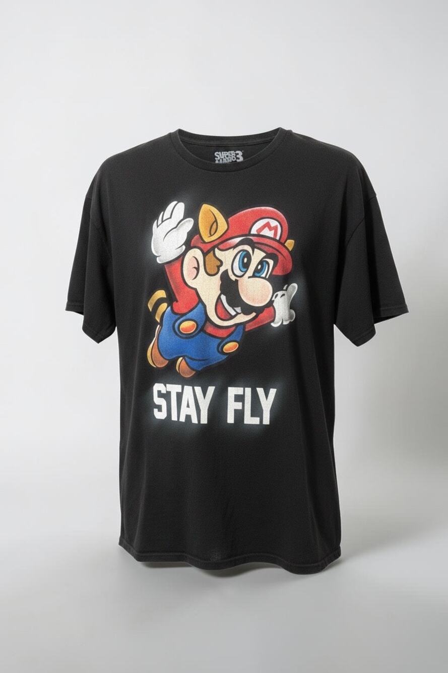 Super Mario Bros 3 Stay Fly Black Graphic Tee Shirt Size L